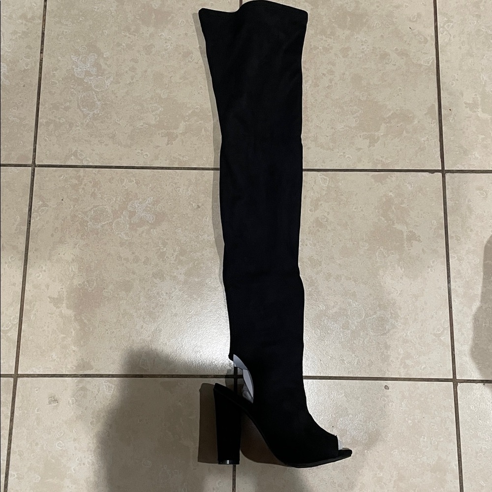 Women’s 7 BAMBOO LIMELIGHTS Black Faux Suede High Over Knee Peeptoe Boots NWOT